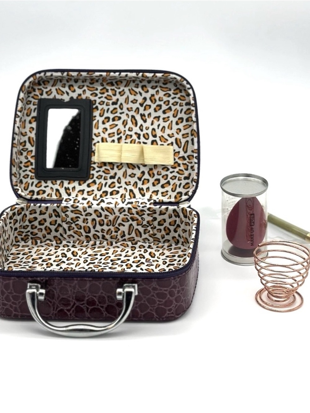 Plum Croc-Embossed Travel Jewelry Cosmetic Case with Leopard Interior 4 pc Set